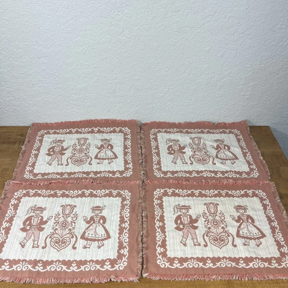 Vintage Set‎ Of 4 Austrian Placemats Pink Fringe Woven Folk Art Cotton/Linen